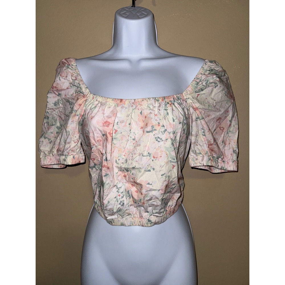 Cottagecore Milkmaid Floral Puff Sleeve Crop Top S Cream Pink Square Neck Blouse